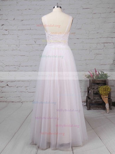 A-line Scoop Neck Tulle Sweep Train Appliques Lace Wedding Dresses #Milly00023126