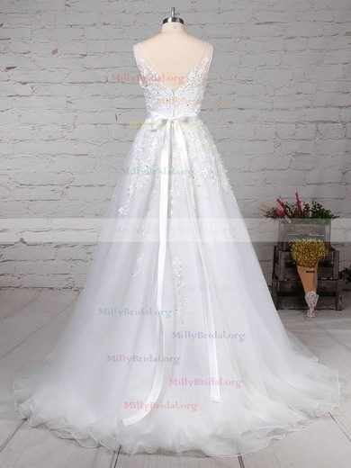 A-line V-neck Tulle Sweep Train Beading Wedding Dresses #Milly00023164