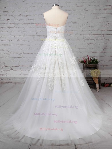 Ball Gown Strapless Tulle Sweep Train Appliques Lace Wedding Dresses #Milly00023175