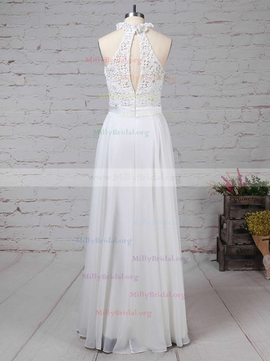 A-line High Neck Lace Chiffon Floor-length Beading Wedding Dresses #Milly00023296