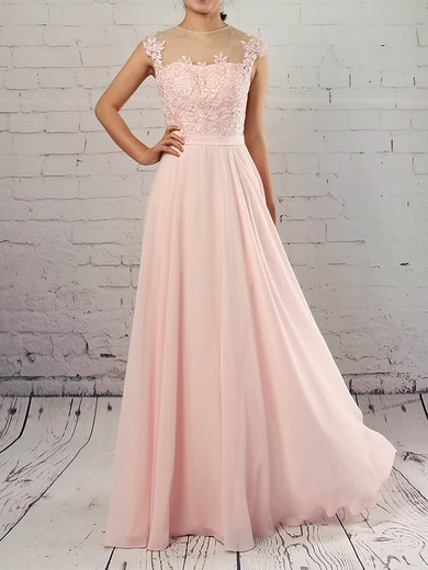 A-line Scoop Neck Chiffon Floor-length Appliques Lace Prom Dresses #Milly020105858