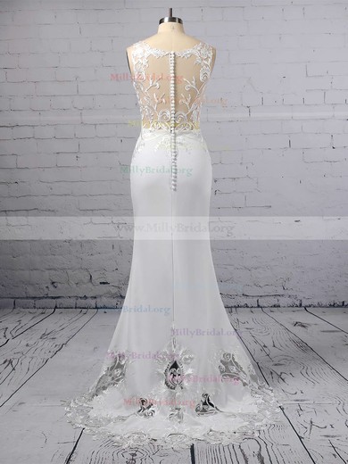 Trumpet/Mermaid V-neck Tulle Silk-like Satin Sweep Train Embroidered Wedding Dresses #Milly00023387