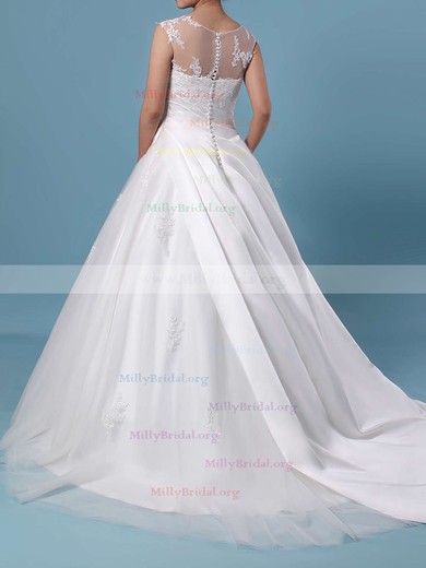 Ball Gown Scoop Neck Tulle Sweep Train Appliques Lace Wedding Dresses #Milly00023390