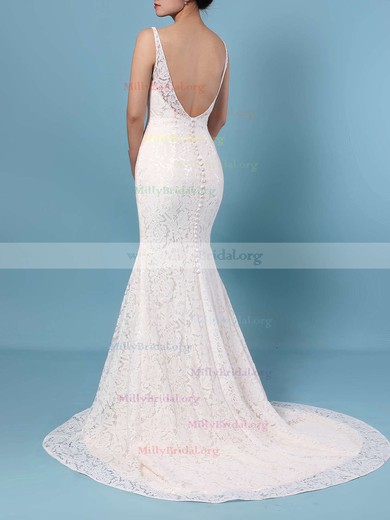 Trumpet/Mermaid V-neck Lace Sweep Train Wedding Dresses #Milly00023398