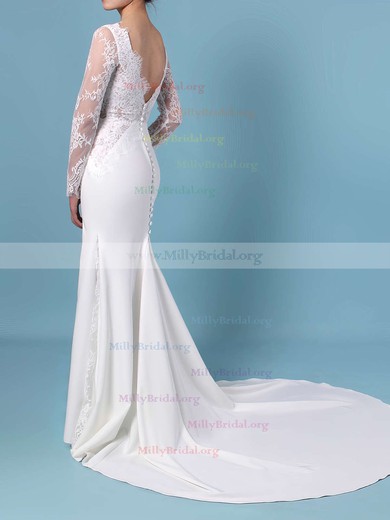 Trumpet/Mermaid Scalloped Neck Lace Silk-like Satin Sweep Train Appliques Lace Wedding Dresses #Milly00023401