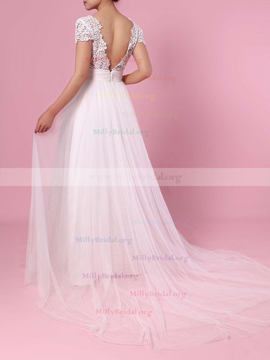 A-line V-neck Lace Tulle Sweep Train Sashes / Ribbons Wedding Dresses #Milly00023453