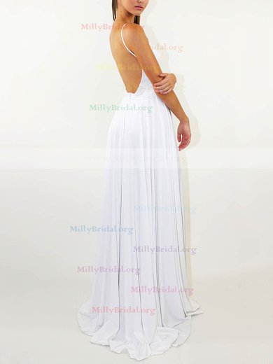 A-line Scoop Neck Lace Silk-like Satin Sweep Train Split Front Wedding Dresses #Milly00023471