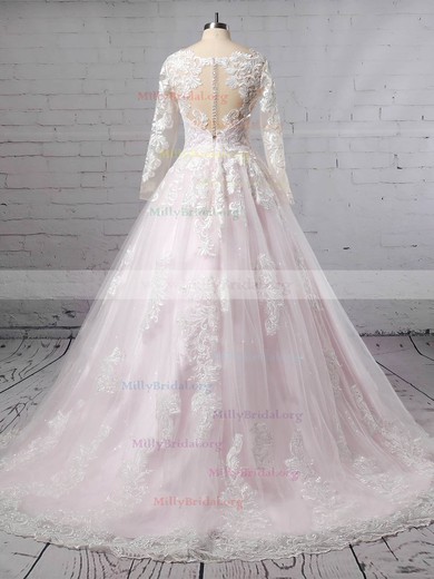 Ball Gown V-neck Tulle Sweep Train Appliques Lace Wedding Dresses #Milly00023379