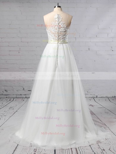 A-line Scoop Neck Tulle Sweep Train Beading Wedding Dresses #Milly00023384
