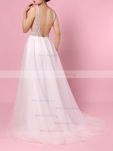 Princess V-neck Tulle Sweep Train Beading Wedding Dresses #Milly00023406