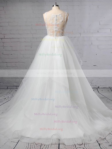 Princess V-neck Lace Tulle Sweep Train Cascading Ruffles Wedding Dresses #Milly00023422