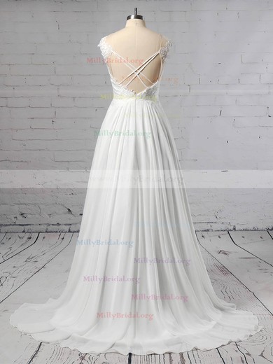 A-line Scoop Neck Chiffon Tulle Sweep Train Lace Wedding Dresses #Milly00023440