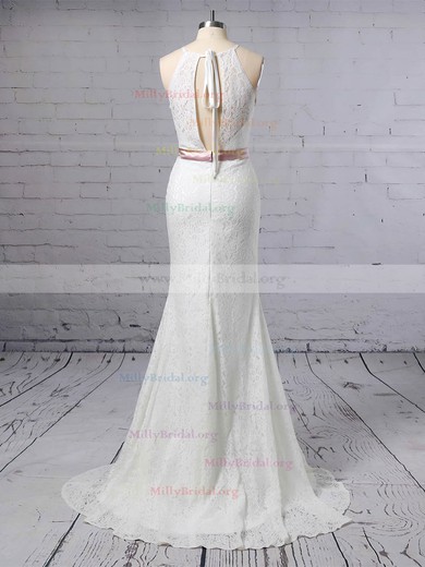 Trumpet/Mermaid Scoop Neck Lace Sweep Train Sashes / Ribbons Wedding Dresses #Milly00023457