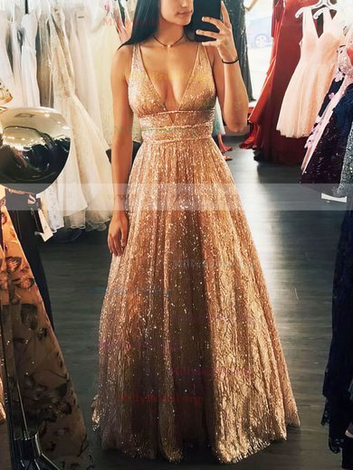 Princess V-neck Glitter Floor-length Beading Prom Dresses #Milly020106533