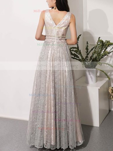 A-line V-neck Glitter Floor-length Beading Prom Dresses #Milly020106543