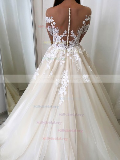 Ball Gown Scoop Neck Tulle Sweep Train Appliques Lace Wedding Dresses #Milly00023549