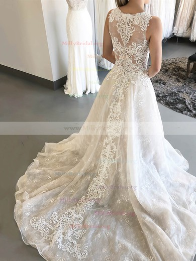 Ball Gown Scoop Neck Lace Sweep Train Appliques Lace Wedding Dresses #Milly00023550