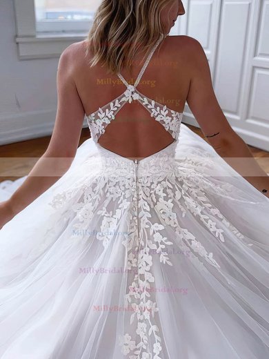 Princess V-neck Tulle Sweep Train Appliques Lace Wedding Dresses #Milly00023560