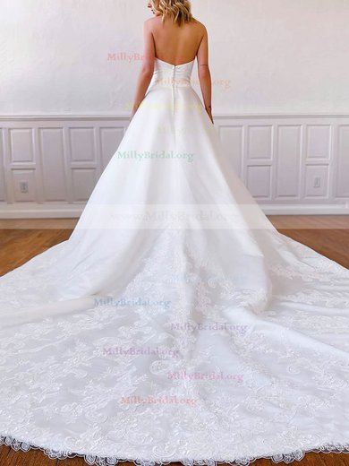 Ball Gown Strapless Satin Chapel Train Appliques Lace Wedding Dresses #Milly00023561