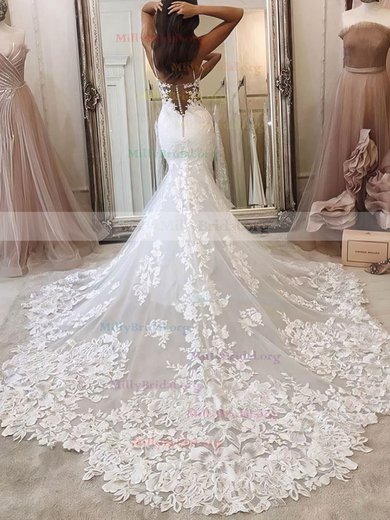Trumpet/Mermaid V-neck Tulle Court Train Appliques Lace Wedding Dresses #Milly00023570