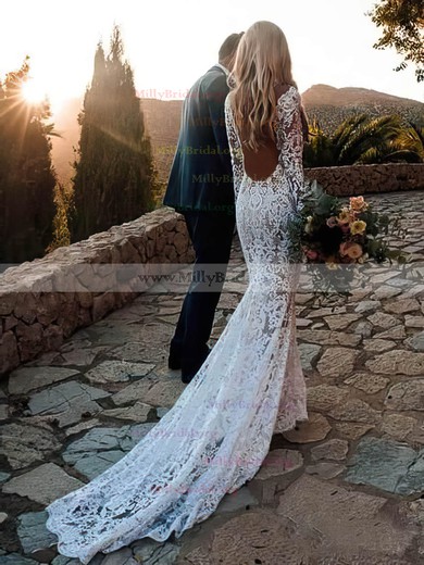 Trumpet/Mermaid V-neck Lace Sweep Train Lace Wedding Dresses #Milly00023572