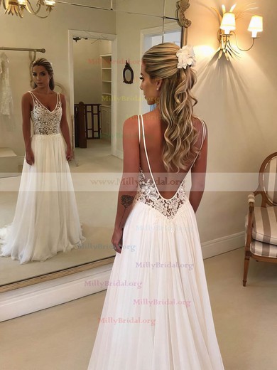 A-line V-neck Chiffon Tulle Sweep Train Appliques Lace Wedding Dresses #Milly00023484
