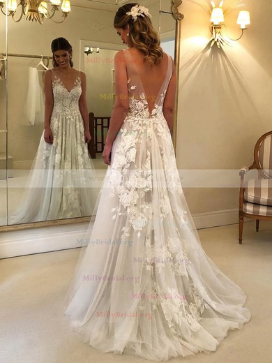 A-line V-neck Tulle Sweep Train Appliques Lace Wedding Dresses #Milly00023493