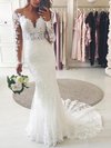 Trumpet/Mermaid Scoop Neck Tulle Lace Sweep Train Appliques Lace Wedding Dresses #Milly00023506
