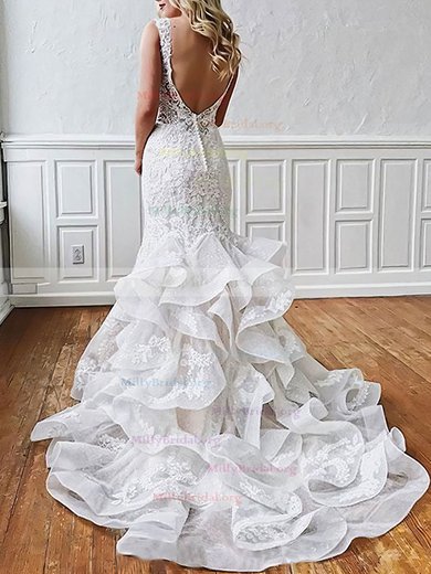 Trumpet/Mermaid V-neck Organza Tulle Sweep Train Appliques Lace Wedding Dresses #Milly00023508