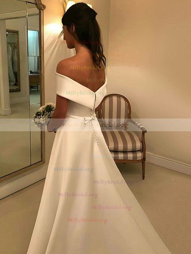 Princess Off-the-shoulder Satin Sweep Train Sashes / Ribbons Wedding Dresses #Milly00023517