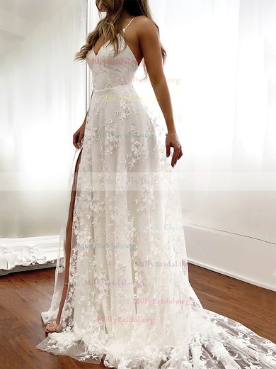 A-line V-neck Lace Sweep Train Split Front Wedding Dresses #Milly00023518