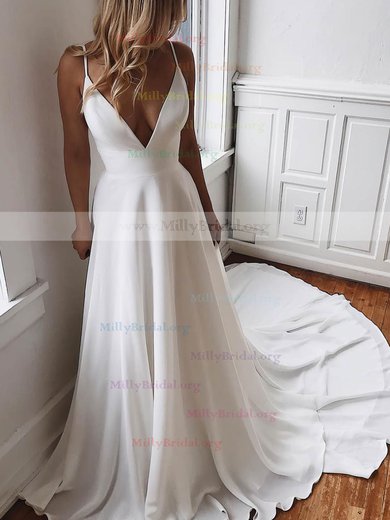 A-line V-neck Chiffon Sweep Train Lace Wedding Dresses #Milly00023519