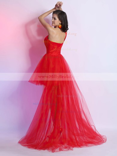 Beautiful Red Tulle One Shoulder Crystal Detailing Asymmetrical Prom Dresses #02014270