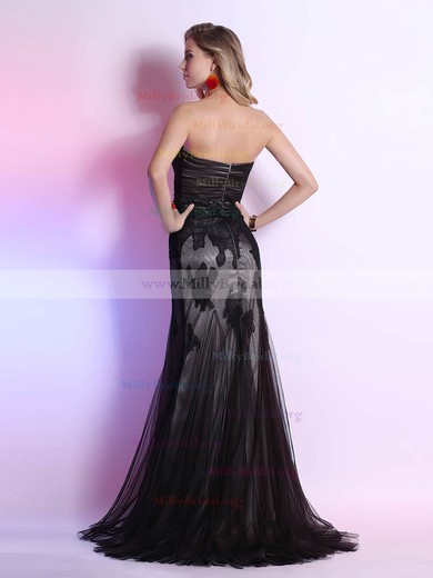 Black Elegant Satin Tulle Strapless Sweep Train Appliques Lace Ruffles Prom Dress #02023109