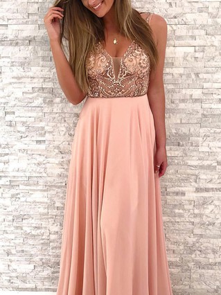 A Line V Neck Chiffon Sweep Train Beading Prom Dresses Millybridal Org