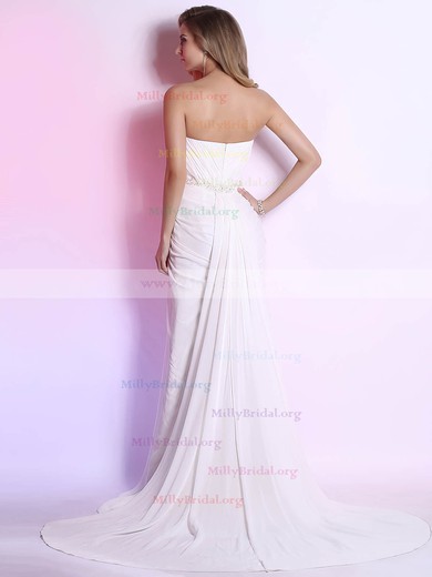 Watteau Train White Affordable Chiffon Sheath/Column Beading Ruffles Prom Dress #02023123