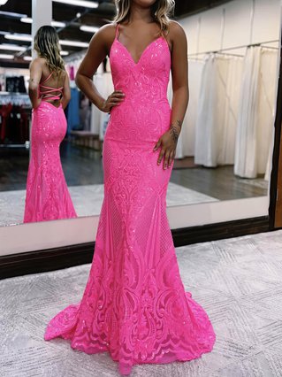 Trumpet Mermaid V Neck Sequined Sweep Train Prom Dresses Millybridal Org