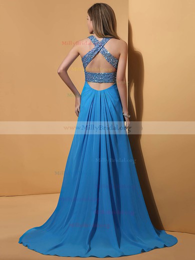 Wholesale Chiffon Beading and Sweep Train V-neck Blue Prom Dress #02014346
