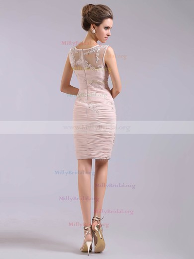 Scoop Neck Appliques Pleats Chiffon Beautiful Sheath/Column Pink Prom Dress #02042233