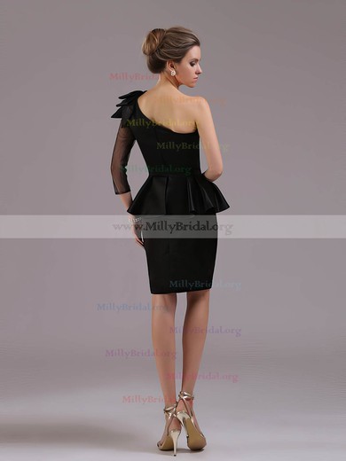 3/4 Sleeve Best Sheath/Column Black Satin Tulle One Shoulder Prom Dress #02023219