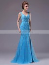 Casual Split Front V-neck Blue Chiffon Tulle Sequins Trumpet/Mermaid Prom Dress #02023231
