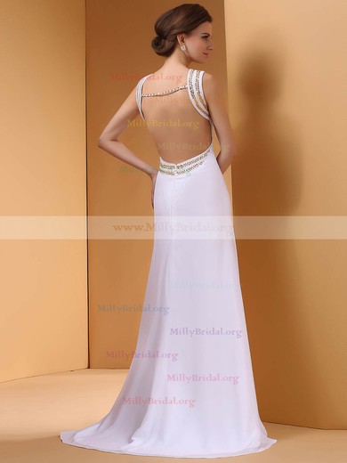 Graceful Chiffon Sheath/Column Scoop Neck Beading White Open Back Prom Dress #02014437