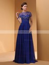 Online Short Sleeves Royal Blue Chiffon Tulle Beading Sequins Scoop Neck Prom Dress #02060466