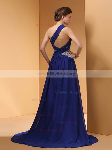 Fashionable Royal Blue Chiffon Crystal Detailing One Shoulder Prom Dresses #02014453