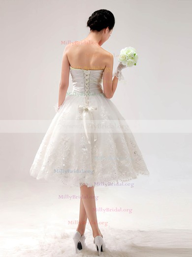 Princess Ivory Satin Lace Sweetheart With Lace-up Knee-length Wedding Dress #00017014