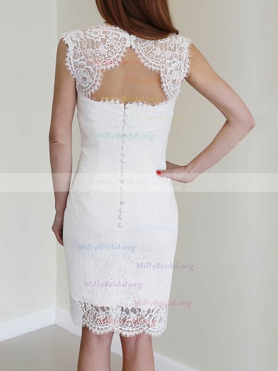 Hot White Lace Sheath/Column With Buttons Knee-length Wedding Dress #00020468