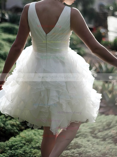 Elegant White Organza V-neck Ruffles Knee-length Ball Gown Wedding Dresses #00020477