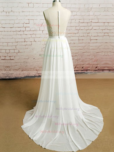 Scoop Neck Ivory Chiffon Tulle with Appliques Lace A-line Designer Wedding Dresses #00020482