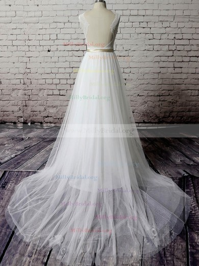 V-neck White Tulle Lace Sashes/Ribbons Court Train Elegant Wedding Dress #00020483