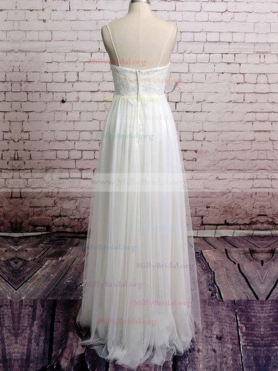 Inexpensive White Tulle Appliques Lace Spaghetti Straps V-neck Empire Wedding Dresses #00020485